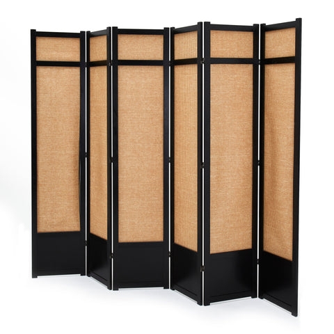Modern Black Folding Room Divider Six Panel Jute Like Woven Texture