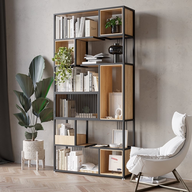 Modern Black Metal Bookcase 6-Tier Geometric Frame