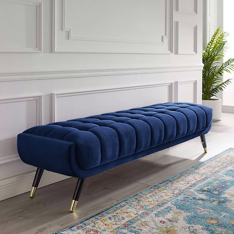 Modern Blue Velvet Bedroom Bench with Tapered Wood Legs