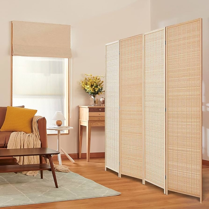 Modern Boho Four-Panel Room Divider with Natural Ribbed Bamboo Texture