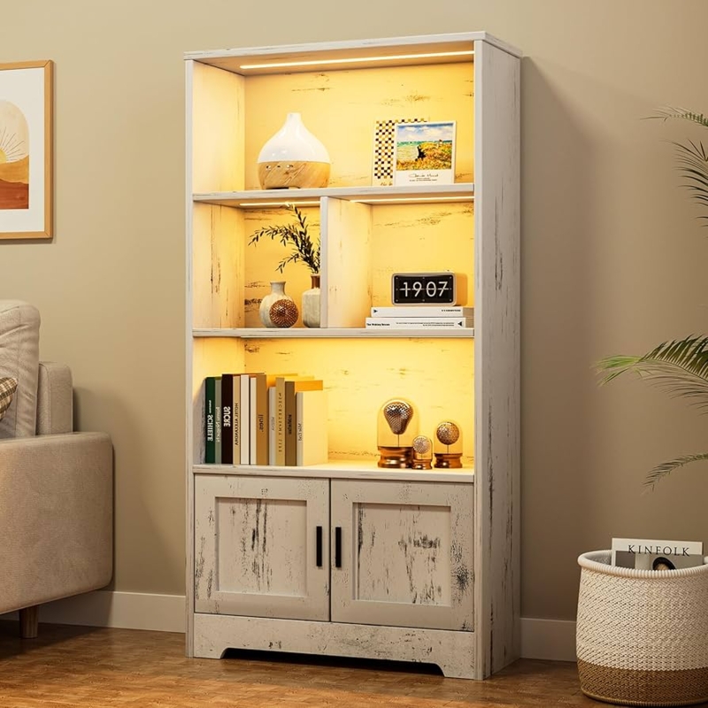 Modern Bookcase with Slatted Doors and LED Lighting Features