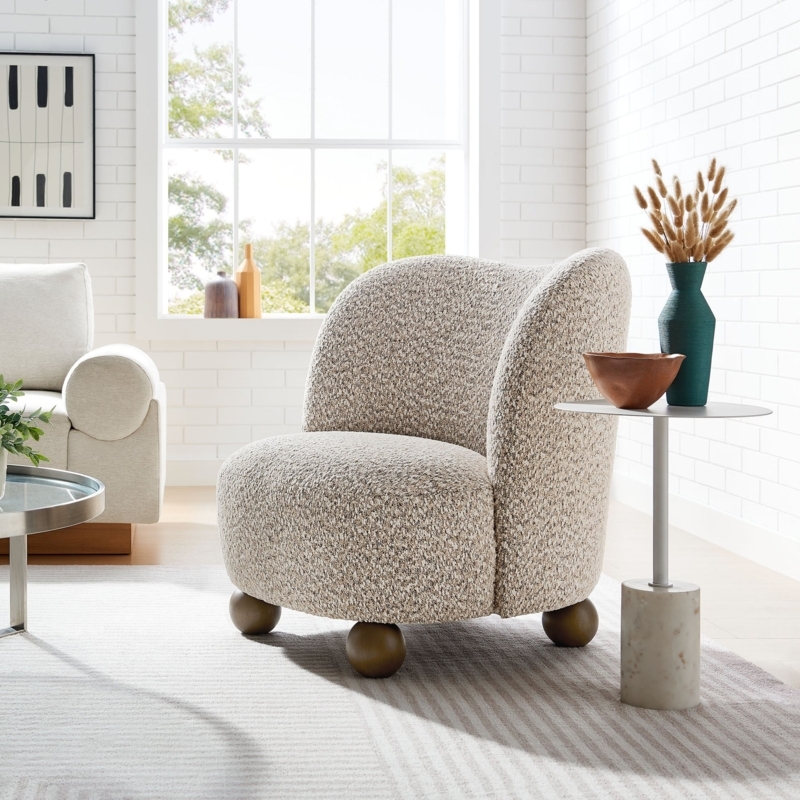Modern Boucle Accent Chair with Sculptural Walnut Wood Frame