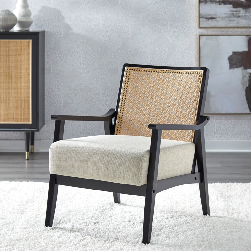 Modern Cane Accent Chair Dark Wood Frame Gray Upholstery