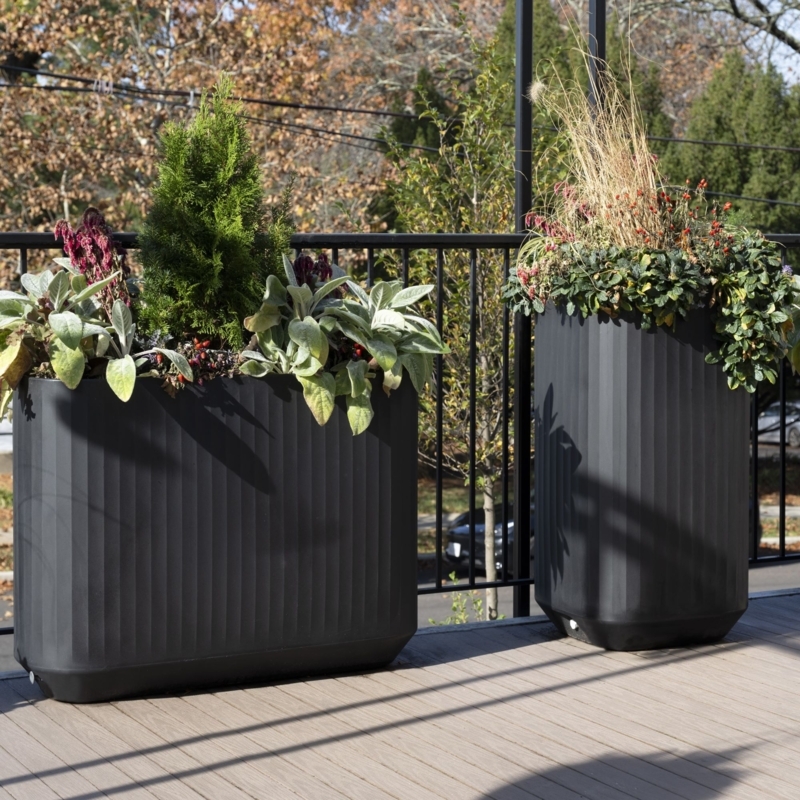 Modern Charcoal Black Planter Set with Vertical Fluting