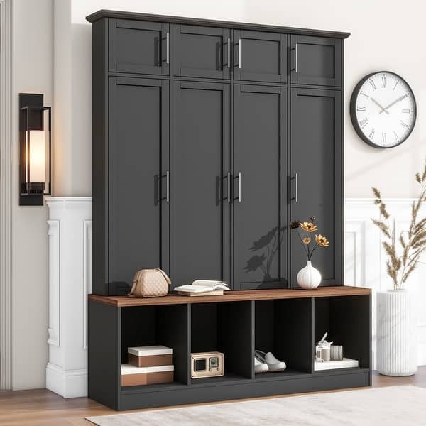 Modern Charcoal Hall Tree Storage with Walnut Bench Top and Shoe Cubbies