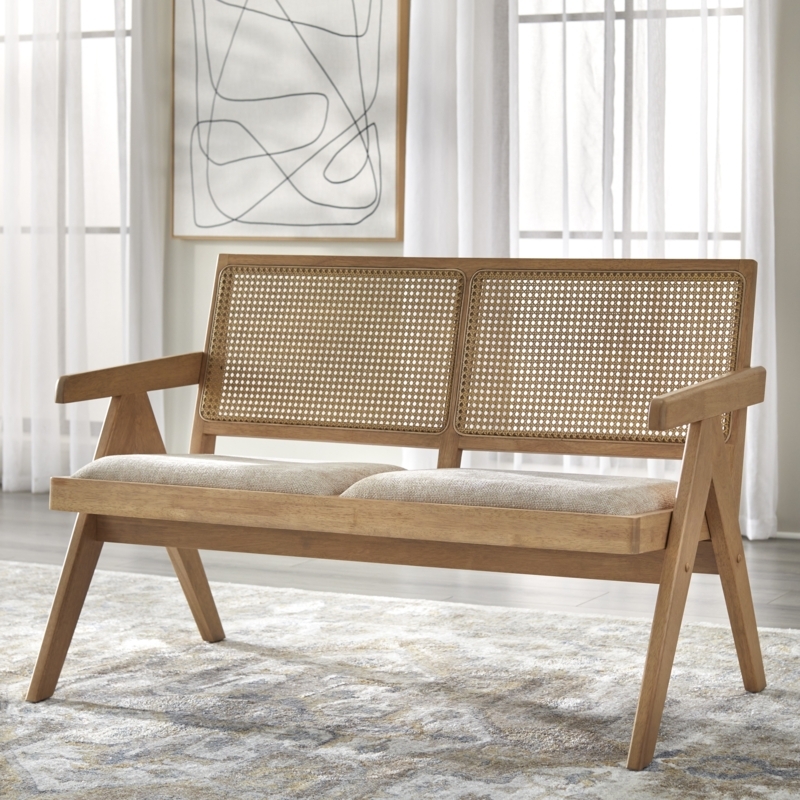 Modern Coastal Cane Back Bench Integrated Arms