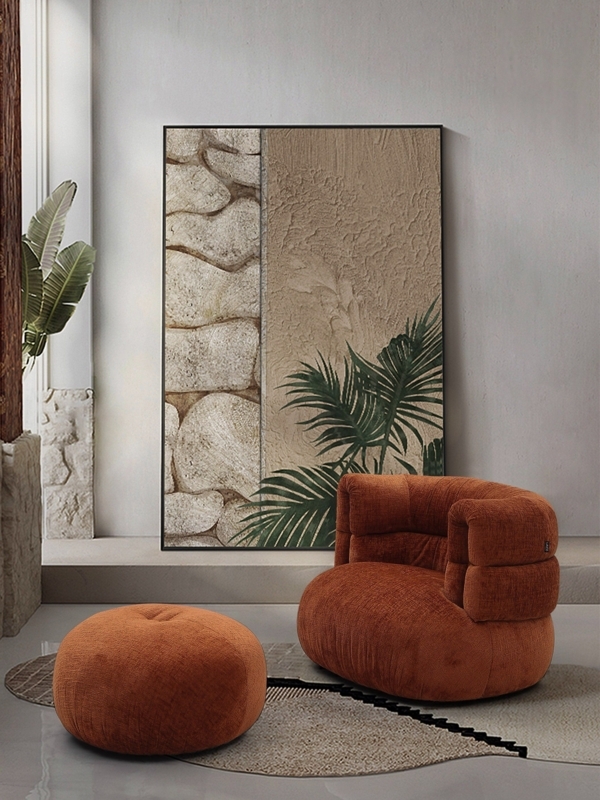Modern Curved Accent Chair and Ottoman, Burnt Orange Fabric, Black Metal Legs
