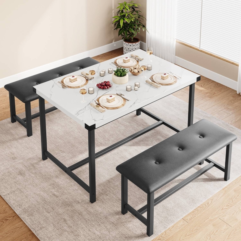Modern Dining Set, Marble Veining Top, Tufted Grey Benches