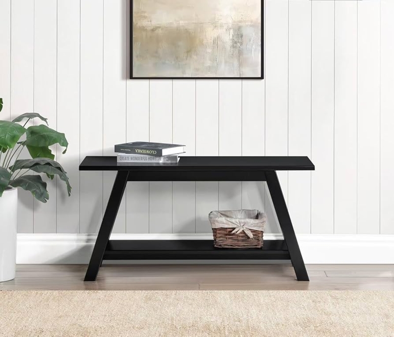 Modern Espresso Bench with A-Frame Legs and Storage Shelf