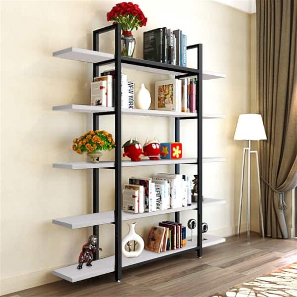 Modern Etagere Bookcase, 5-Tier Gold Metal Frame and Wood.