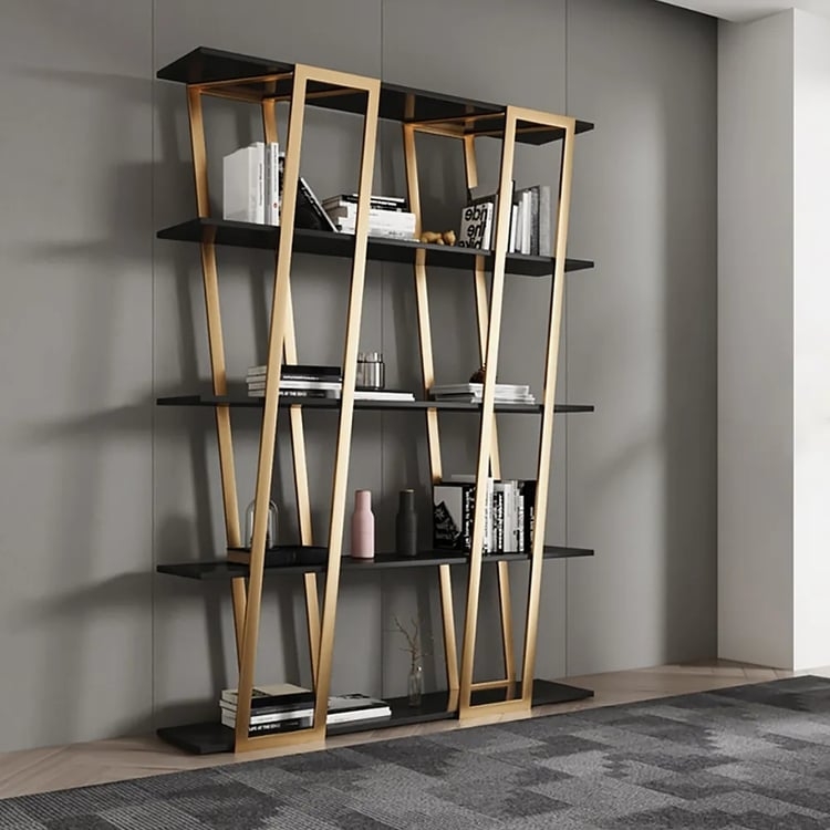 Modern Etagere Bookshelf, Staggered Gold Parallel Frame & Black Tiers
