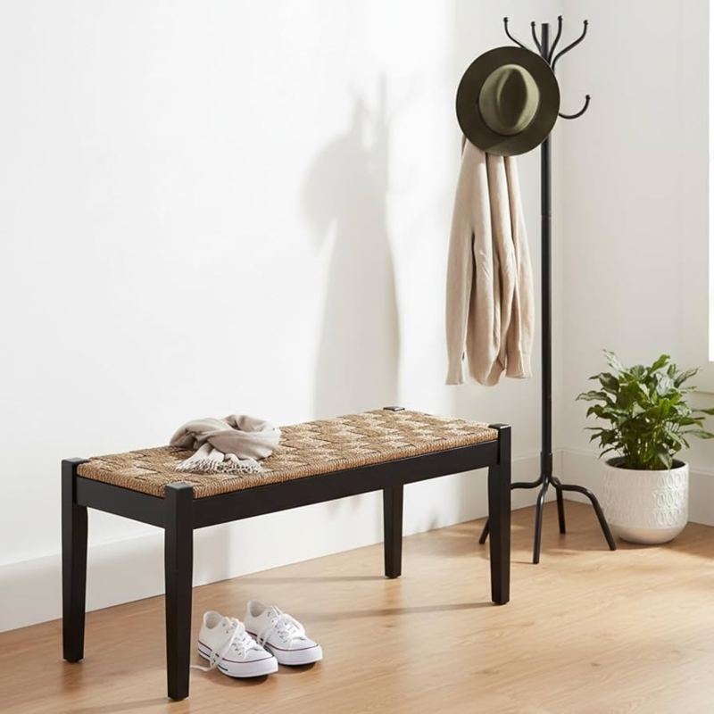 Modern Farmhouse Bench with Black Frame Contrast and Woven Seagrass