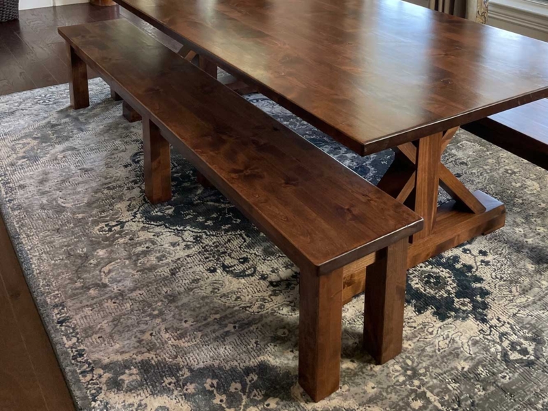 Modern Farmhouse Dining Bench, X-Base Trestle, Dark Walnut Finish