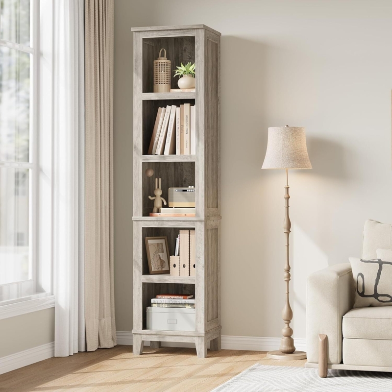 Modern Farmhouse Gray Wood Bookcase featuring X-Frame Sides