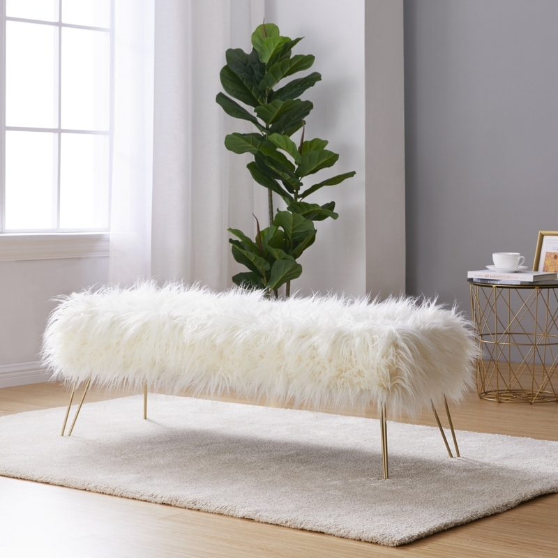 Modern Faux Fur Bench Gold Tapered Metal Legs