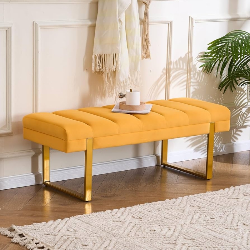Modern Glam Bench in Mustard Yellow Color with Channel Tufting