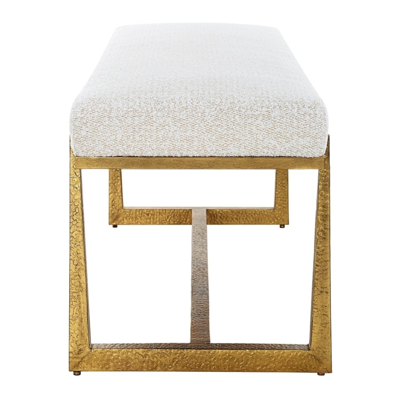 Modern Glam Bench with Bouclé Seat and Antique Metallic Sled Legs