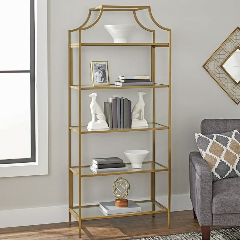 Modern Glam Bookcase, Polished Gold Finish with Tempered Glass Shelves