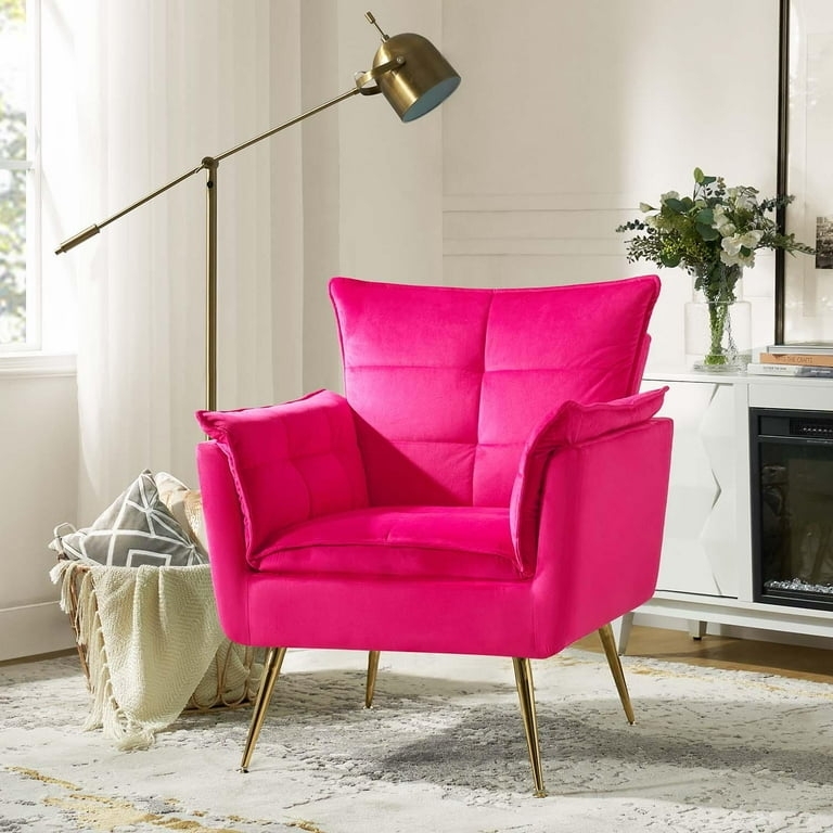 Modern Glam Velvet Accent Chair, Fuchsia with Gold Flared Legs