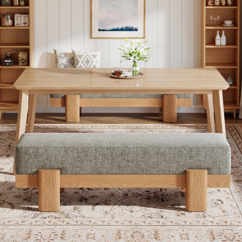 Modern Gray Upholstered Dining Bench with Chunky Oak Legs
