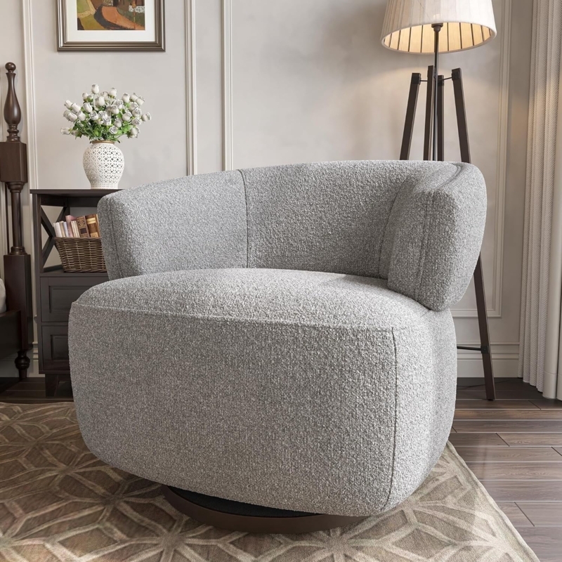 Modern Grey Barrel Swivel Chair with Oversized Seat Cushion