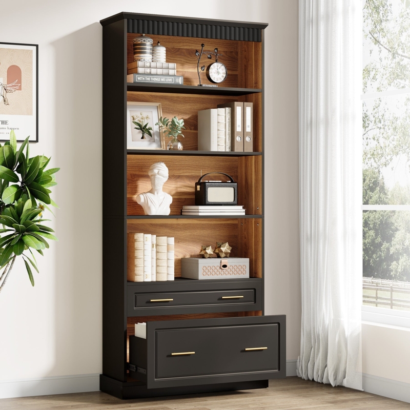 Modern Minimalist 5-Tier Bookshelf with Base Drawers in White