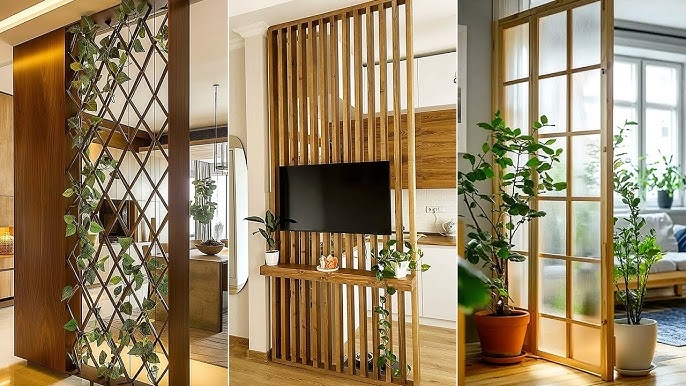 Modern Organic Space Divider Wood Slat Partition Integrated Greenery