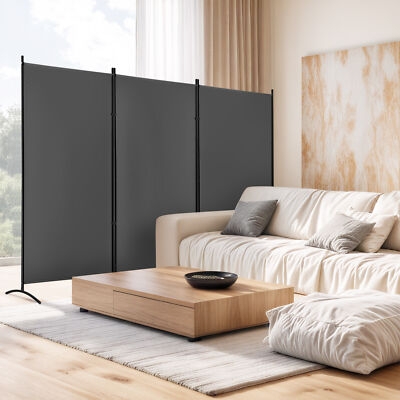 Modern Room Divider Gray Fabric Panels Black Metal Frame Curved Feet