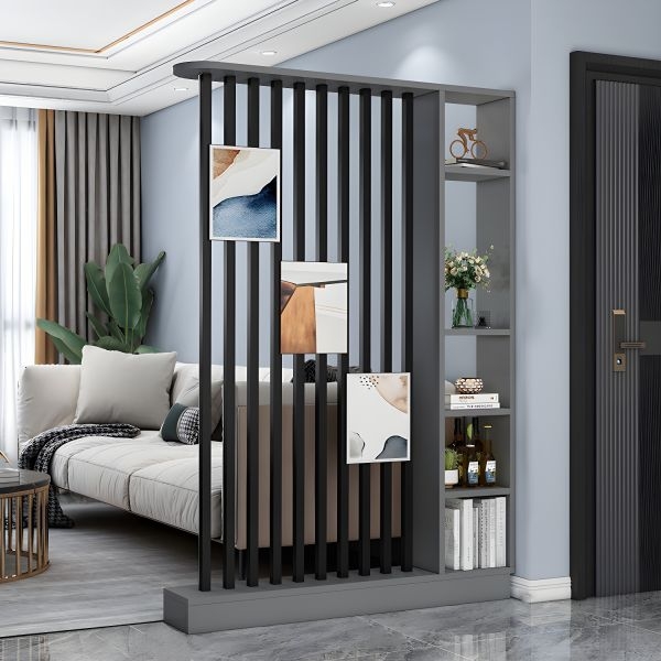 Modern Slatted Room Divider Grey Integrated Shelving Art Panels