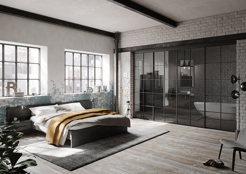 Modern Sliding Glass Room Divider with Black Grid Frame