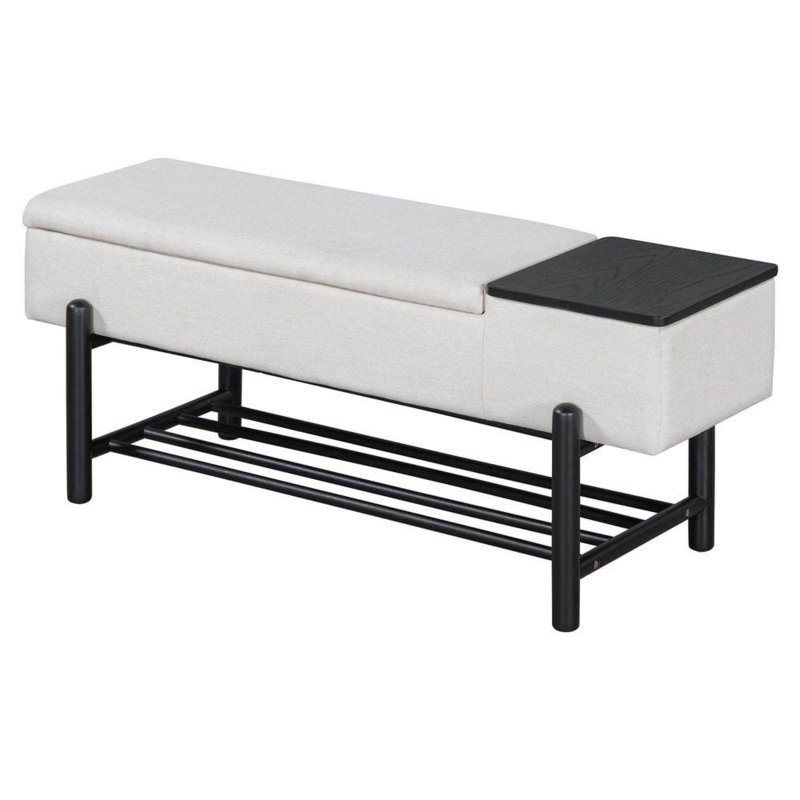 Modern Storage Bench with Integrated Side Table and Shoe Rack Shelf