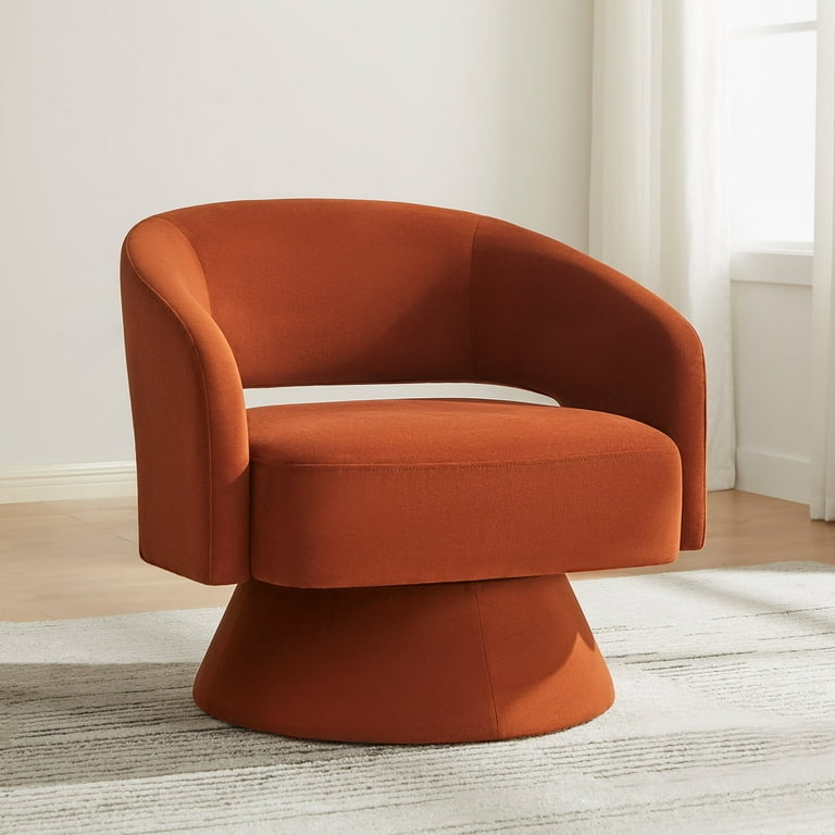 Modern Swivel Accent Chair, Burnt Orange Fabric, Open Back, Wood Base