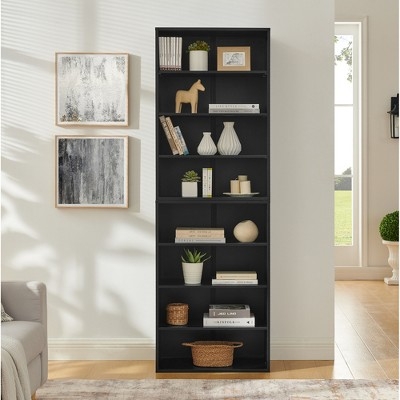 Modern Tall Geometric Staggered Bookshelf in Matte Black