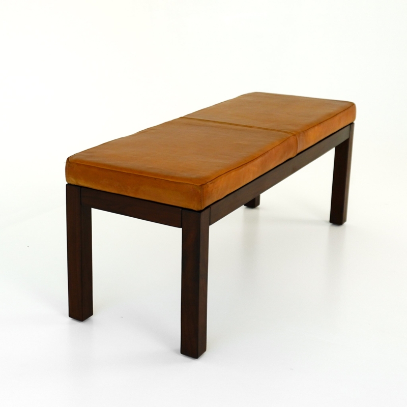 Modern Tan Leather Bench, Split Seat Cushion, Dark Espresso Frame