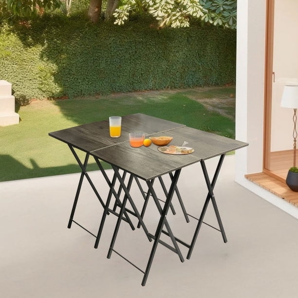 Modern TV Tray Set Rustic Grey Finish Black Metal Frame Matching Stand