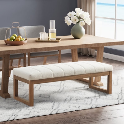 Modern Upholstered Bench with White Boucle Texture and Wood Sled Base
