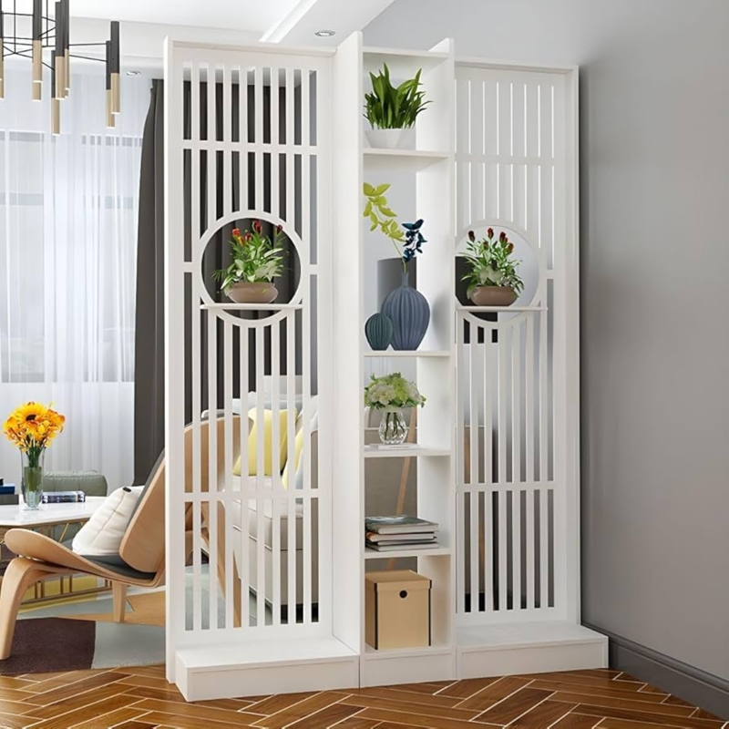 Modern White Room Divider with Circular Cutout Shelf and Slats