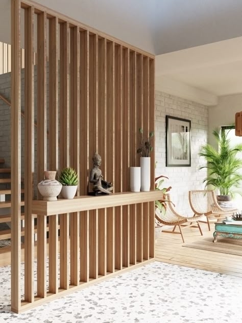 Modern Wood Slat Room Divider with Integrated Display Shelf
