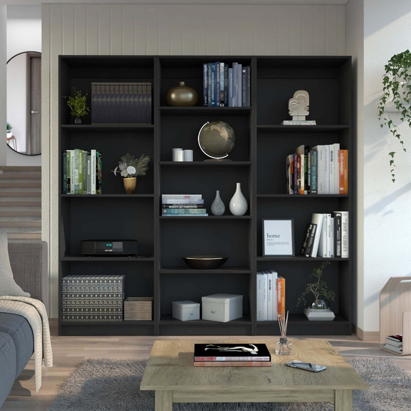Modular Black 3-Piece Bookcase Wall Unit Set