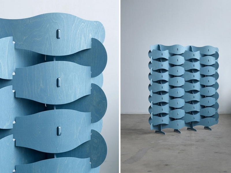 Modular Blue Room Divider Interlocking Wavy Panels Wood Grain Screen