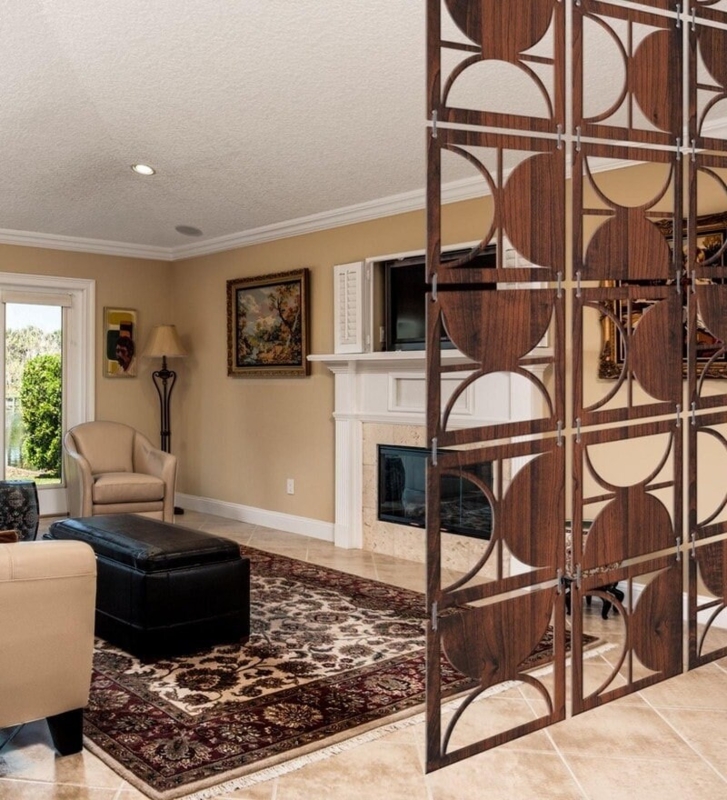Modular Hanging Room Divider Panels with Geometric Circular Cutouts