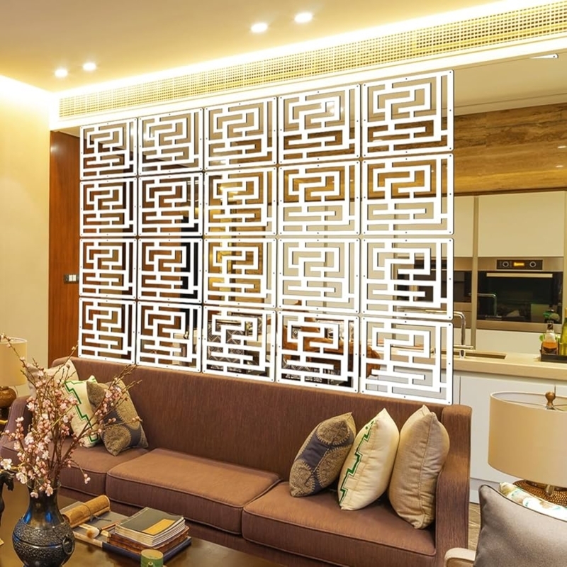 Modular Hanging Room Divider with White Geometric Cutout Pattern