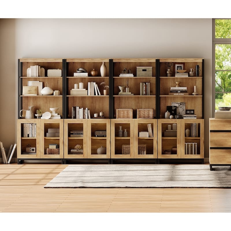 Modular Oak Bookcase with Glass Doors