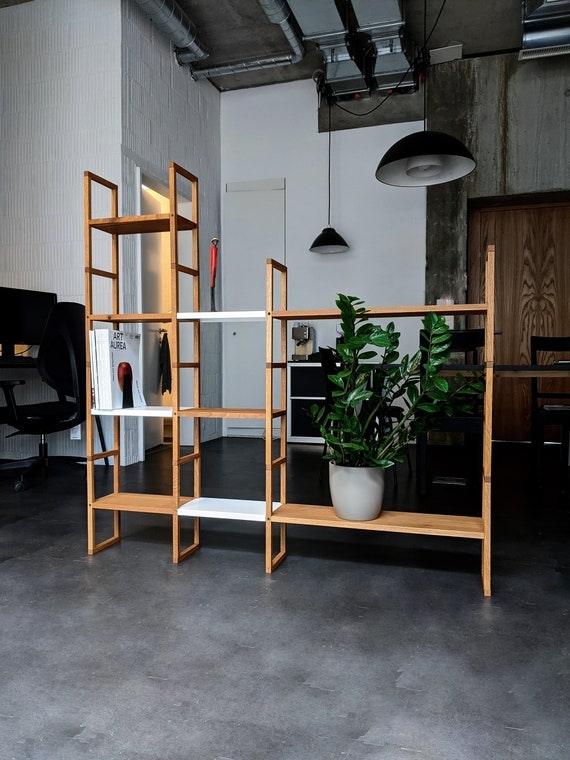 Modular Open Grid Room Divider, Wood & White Shelving Unit