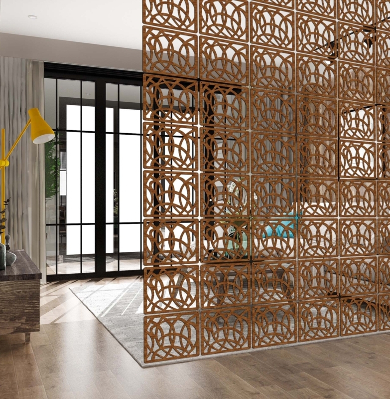 Modular Room Divider Interlocking Circle Pattern Wood Toned Screen