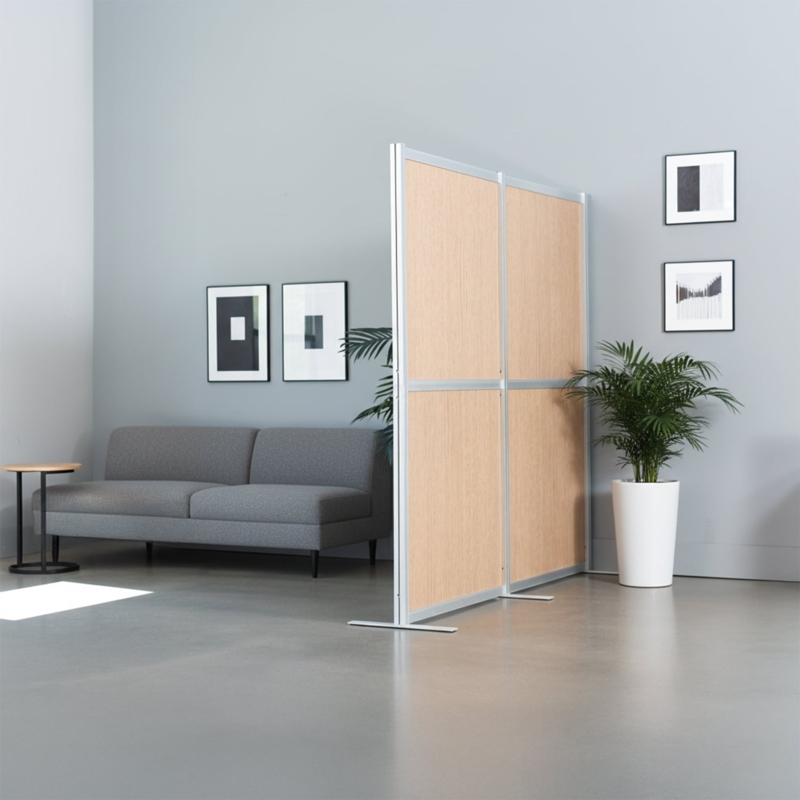 Modular Room Divider Silver Metal Frame Wood Toned Panels Screen