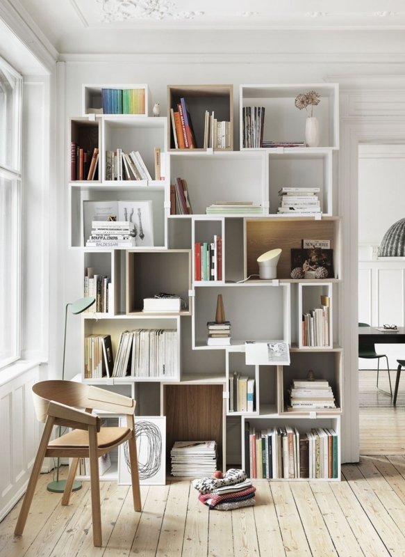 Modular Stacking Bookcase Asymmetrical Light Wood Open Styling