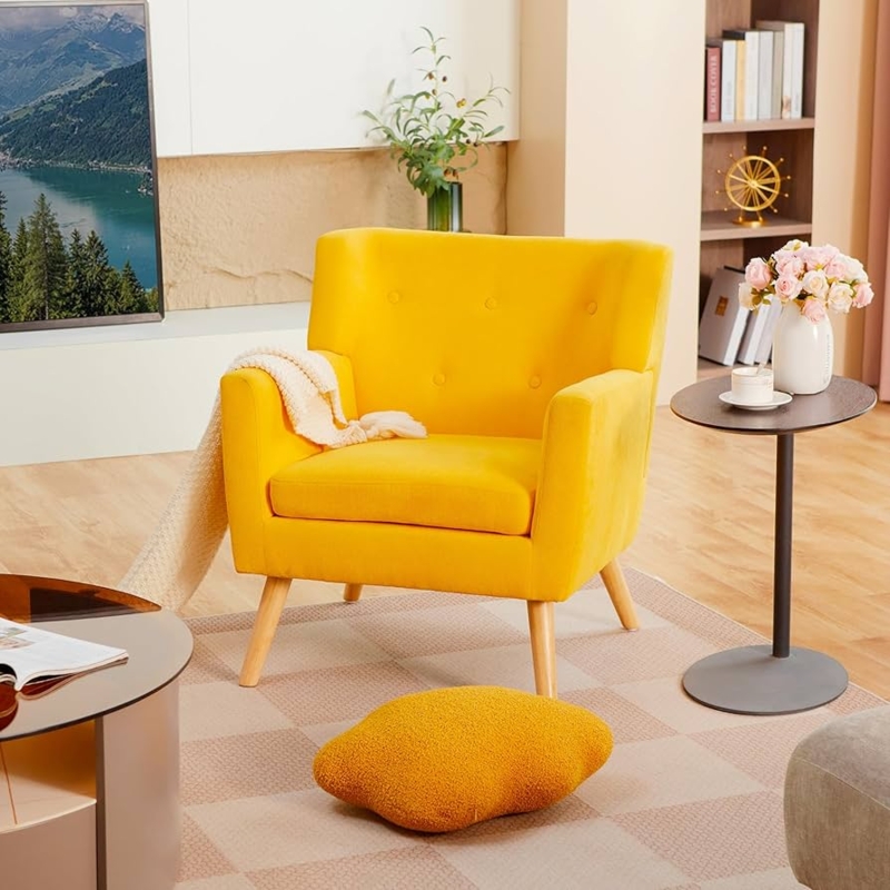 Mustard Yellow Accent Chair, Mid-Century Button Tufted with Tapered Legs