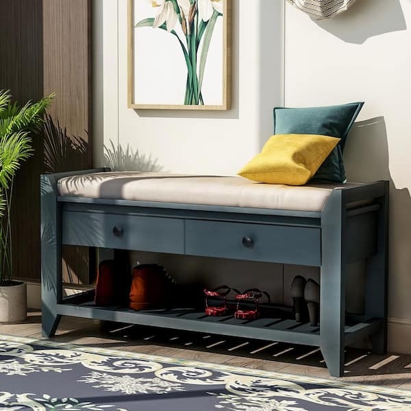 Muted Blue Storage Bench with Dual Drawers and Padded Seat