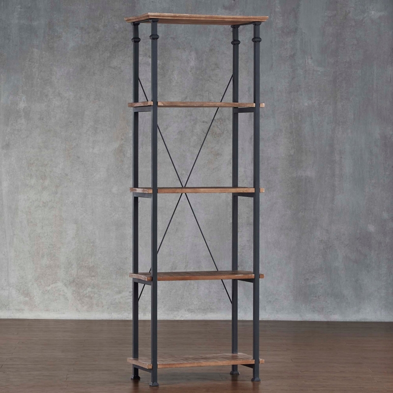 Narrow Bookcase 5-Tier, Rustic Oak and Metal X-Back Brace.